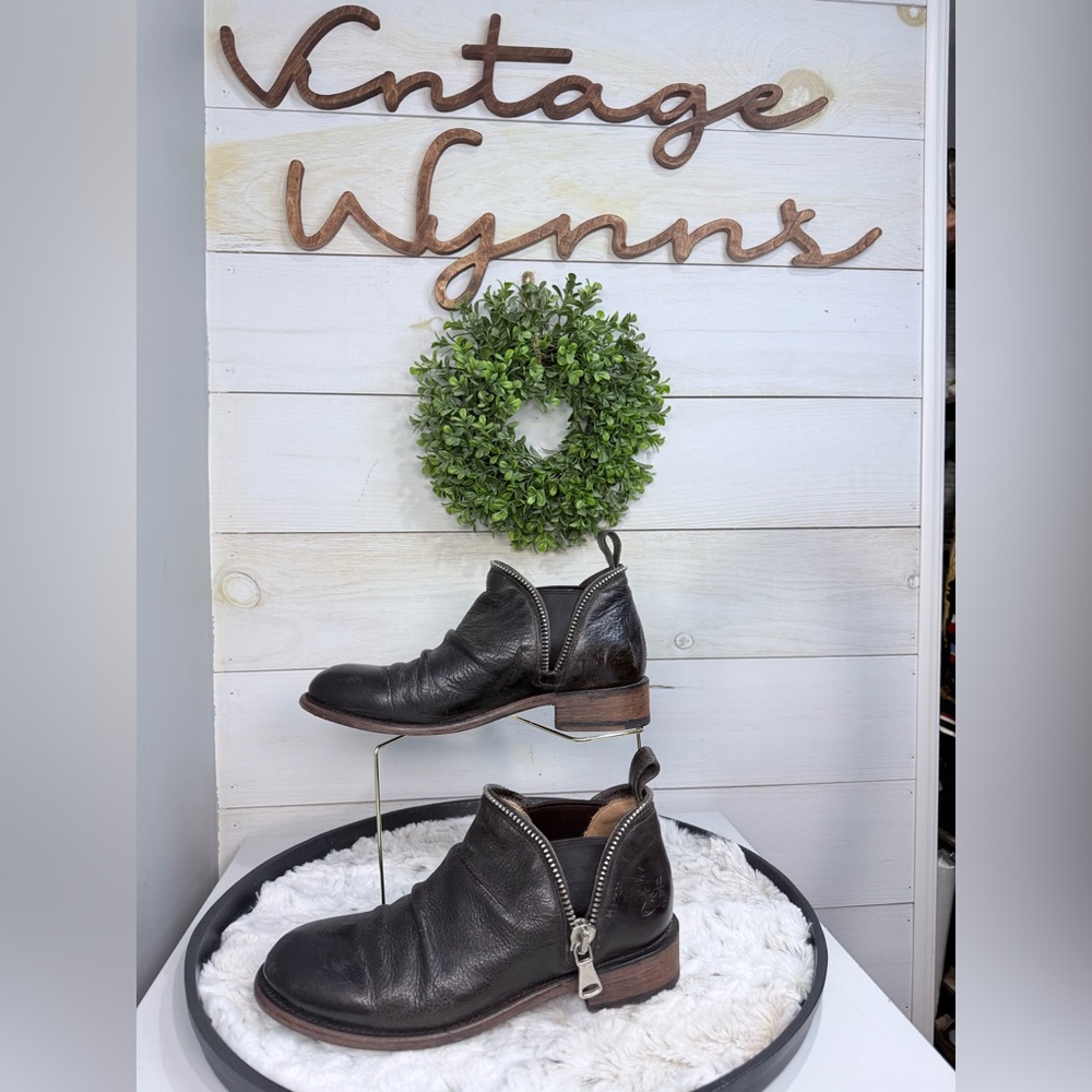 John Fluevog Dark Brown Leather Ankle Booties with Side Zip